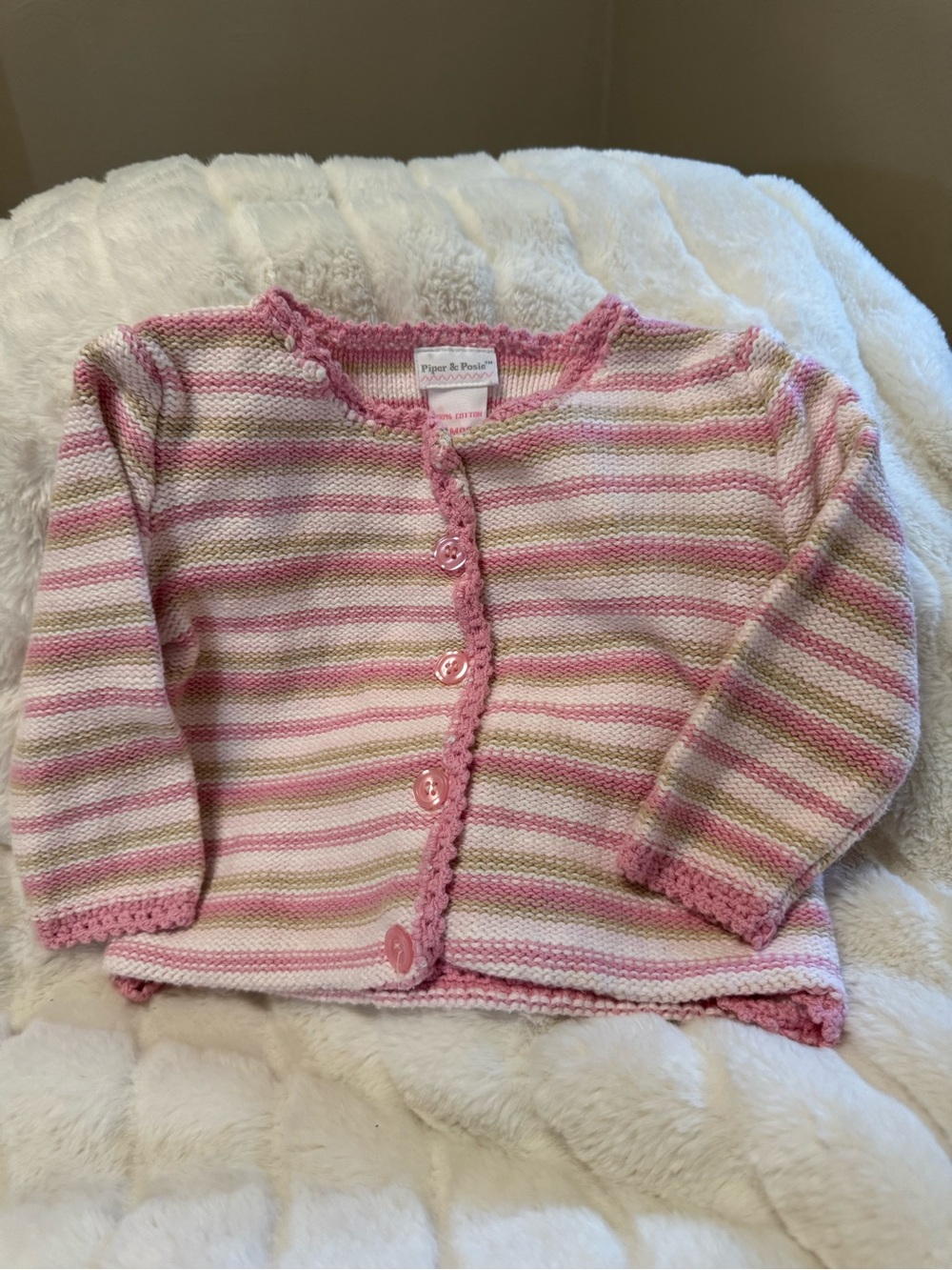 Piper & Posie Pink, Cream & Tan Striped Knit Cardigan, Baby 9 mos.